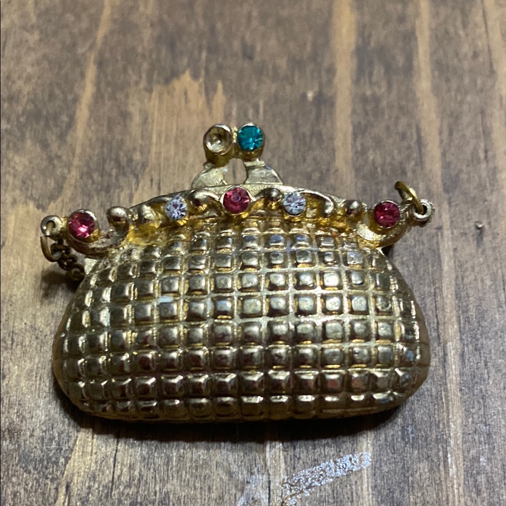 Gold-Tone Purse Brooch with Colorful Gems